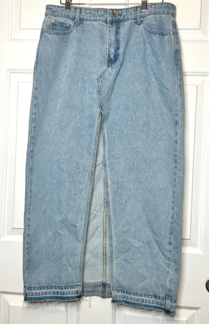 Edikted Light Wash Denim Maxi Skirt Front Slit Raw Hem Size‎ XL thumbnail 1