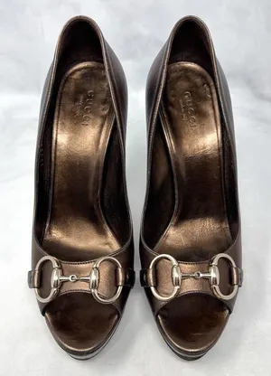 GUCCI Vintage Y2K Hollywood Horsebit Metallic Leather Platform Pump Heels Bronze thumbnail 1