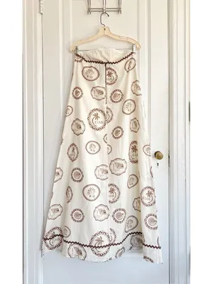 Kivari • Anthropologie Ciao Strapless Maxi Dress white linen print rickrack thumbnail 13