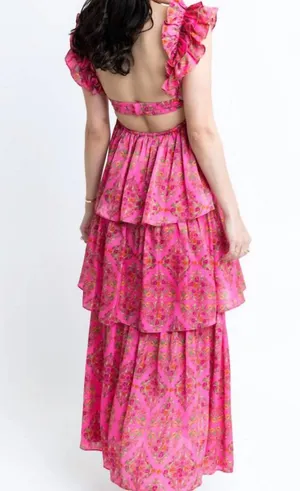 Karlie Floral Satin Ruffle Maxi Dress In Pink thumbnail 2