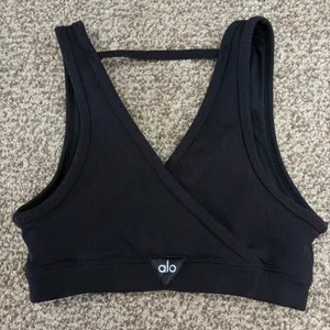 Alo Yoga Ribbed V Neck Sports Bra Women XS Black Wrap Back Activewear Athleisure thumbnail 13