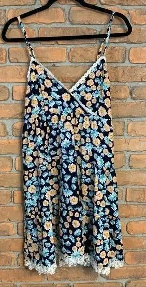 Entro Dress Womens‎ Medium Blue Floral Lace Trim Slip Daisy Mini A-Line V-Neck thumbnail 1