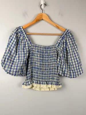 English factory blue cream gingham floral smocked puff sleeve top size XS thumbnail 4