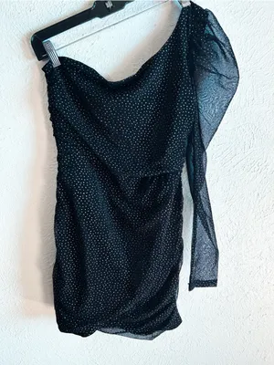 Lucy in the Sky Black Sparkle One Shoulder Sheer Sleeve Mini Dress Large thumbnail 2