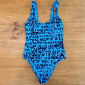 Aerie Real Beach Cheeky One Piece‎ Swimsuit Blue Black Graffiti Text Ribbed M thumbnail 2
