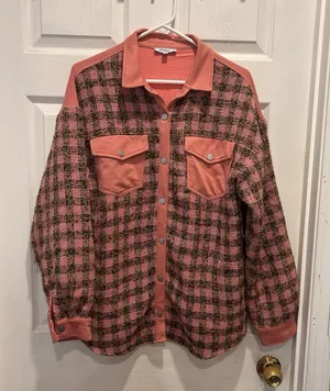 Polagram Pink Plaid Mixed Media Snap Front Shacket Jacket PSJ1287 Womens Large thumbnail 1