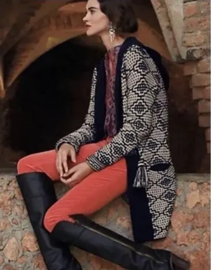 Anthropologie Fiets Voor2 Wool Blend Hooded Tassel Cardigan Sweater in Navy Beige Medium thumbnail 1