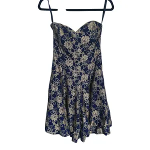VTG 90s Strapless Sweetheart Floral Mini Dress Gold Foil Navy Size 6 Homecoming thumbnail 2