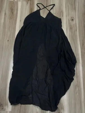 Free People Black Semi Sheer Cross Back Slit Midi Dress Women’s Large thumbnail 1