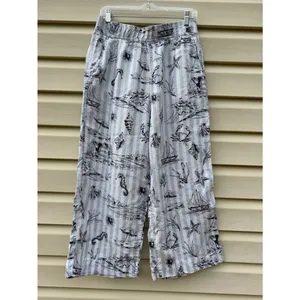Martha Stewart Linen Beach Print Crop Pants Blue White Nautical Size Medium thumbnail 2