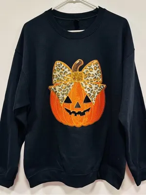 Halloween fall festive Black Sweatshirt with Orange Pumpkin and Leopard Bow thumbnail 1