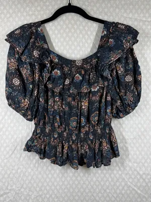 Ulla Johnson‎ Blue Brown Floral Tiered Puff Sleeve Top thumbnail 5