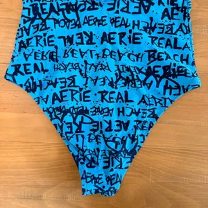 Aerie Real Beach Cheeky One Piece‎ Swimsuit Blue Black Graffiti Text Ribbed M thumbnail 5