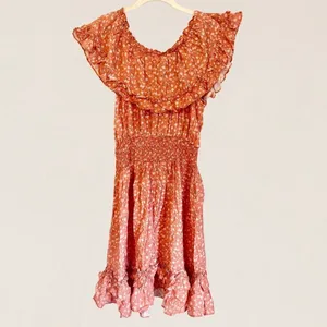 Kori America Orange Ditsy Floral Smocked Off The Shoulder Mini Dress Size Large‎ thumbnail 6