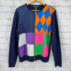 Lauren Ralph Lauren Women's XL Cardigan Sweater Colorblock Harlequin Mixed Media thumbnail 5