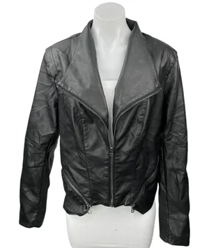 City Chic Women's Black Faux Leather Vegan Full Zip Biker Moto Coat Jacket Sz S thumbnail 1