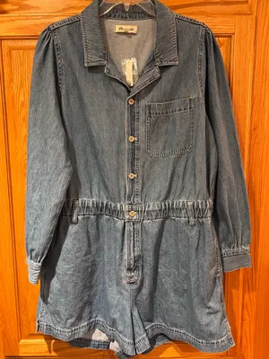 Madewell Denim Long-Sleeve Button-Front Cotton Romper in Rushland‎ Wash Size XXL thumbnail 5
