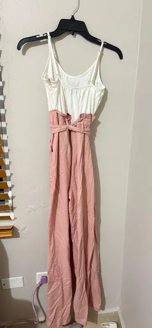 Spaghetti adjustable straps white and pink waist bow jumpsuit thumbnail 2