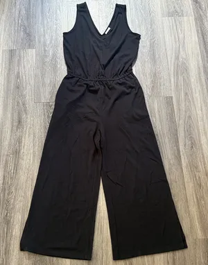 Daily Ritual Black Jumpsuit Double V neck Cropped Wide Leg Pima Cotton thumbnail 1