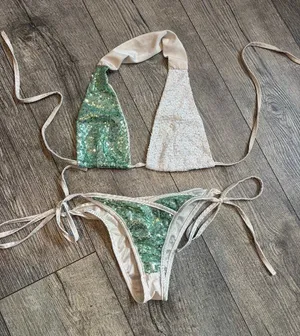 Teal and White Sequins Two-Piece Bikini Swimsuit Medium Women's Cheeky thumbnail 1