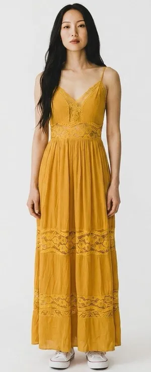 RUE 21 Mustard Yellow Gauzey Lace Maxi Dress Size Small thumbnail 1