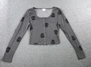 Skull Print Waffle Knit Cropped Top Small L/S Y2K‎ Edgy Emo Punk Goth Grunge thumbnail 1