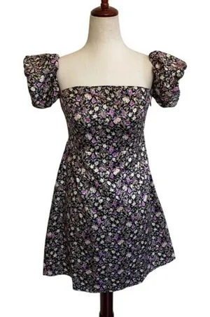 Pomelo Floral Puff Sleeve Mini Dress Black‎ Purple Square Neck Smocked Back M thumbnail 1