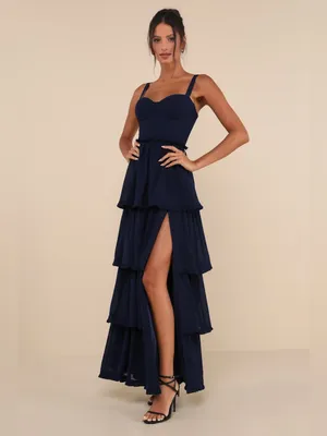 LULU’S Sophisticated Occasion Navy Blue Bustier Lace-Up Maxi Dress thumbnail 3