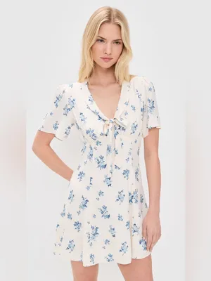 Reformation Tyra Mini Dress Floral Modest Blue Cream Girly Feminine Dress Sz 2 thumbnail 5