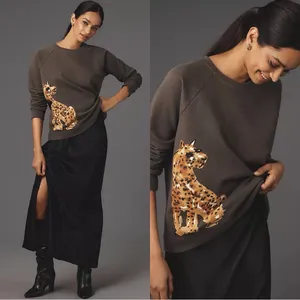 ANTHROPOLOGIE Loulou Avenue Cheetah Graphic Crewneck Sweatshirt in Gray Sz XS thumbnail 2