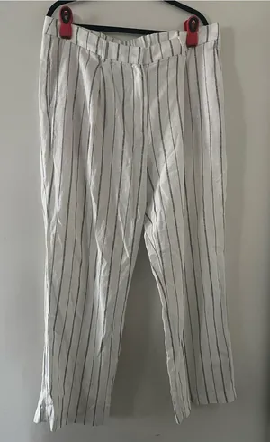 Old Navy White Gray Pinstripe Taylor Wide Leg Trouser Pants XL Linen Coastal thumbnail 1