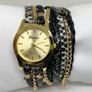 Geneva Women's Gold Toned black Wrap Around band watch 28mm up to 6.5” running thumbnail 1