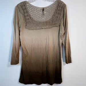 XCVI Ombre Cotton Crochet Lace Yoke 3/4‎ Sleeve Top Tan Brown XL thumbnail 2