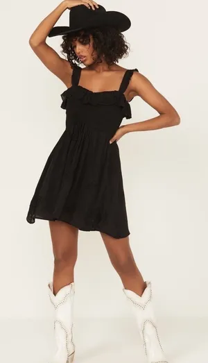 Wild Moss Womens Smocked Body‎ Mini Dress Black Floral Embroidered Ruffle L NWT thumbnail 1