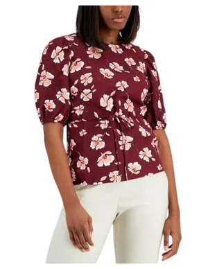 Alfani Linen Floral Burgundy Boho Bohemian Modest High Neck Blouse Size Medium thumbnail 3