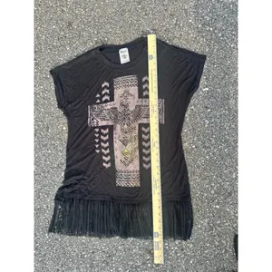 Y2K Vocal Womens XL Black Rhinestone Cross Eagle Fringe Hem T-Shirt Western Boho thumbnail 6