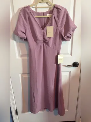 bohme Mauve V-Neck Puff Balloon Sleeve Midi Dress XS thumbnail 2