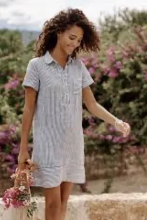 Garnet Hill Suns Out linen relaxed popover shirt dress striped purple Medium thumbnail 1