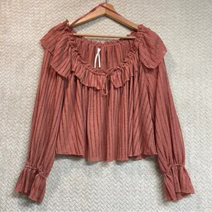 By Anthropologie Long-Sleeve Sheer‎ Striped Crop Blouse Rose Pink Off Shoulder thumbnail 6