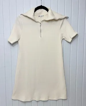 ZARA Sweater Dress Ivory Short Sleeves Quarter Zip Ribbed Knit Size Size M‎ thumbnail 1