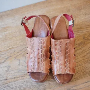 Bed Stu 6.5 Leather Platform Sandals Tan Excellent Stitch Wood Heel Boho Western thumbnail 5