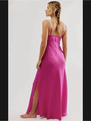 Free People Countryside Lace-Trim Maxi Satin Slip Dress NWT $118 S thumbnail 2
