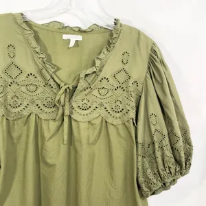 Maurices XXL Top Eyelet Blouse Peasant Top Puff Sleeve‎ Olive Green 907 thumbnail 7