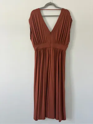 Anthropologie Sleeveless V Neck A Line Midi Boho Fall Cottagecore Dress Brown L thumbnail 3