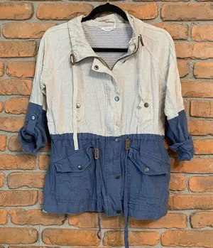Blu Pepper Womens Colorblock Linen Blend Utility Jacket Blue Cream‎ Small BA4790 thumbnail 1