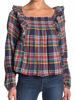 Free People Siena Plaid Pullover Shirt Ruffle Navy Blue Red Size XS Peasant thumbnail 2