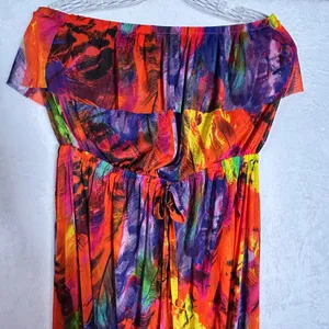 Cynthia Rowley Women Large Mesh High Low Maxi Dress Rainbow Feather Print Ruffle thumbnail 2