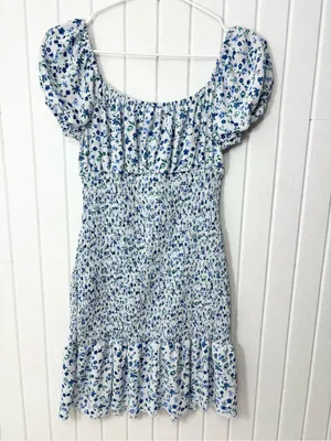 wild‎ fable White & Blue Smocked Midi Dress with Puff Sleeves Size XS thumbnail 6