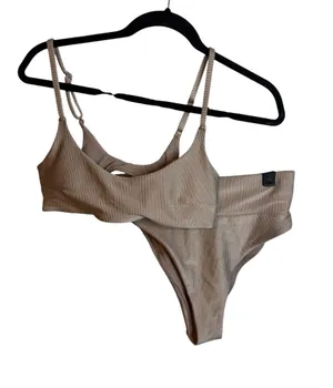 Aerie Beige Metallic Ribbed Bikini Swim Set thumbnail 1