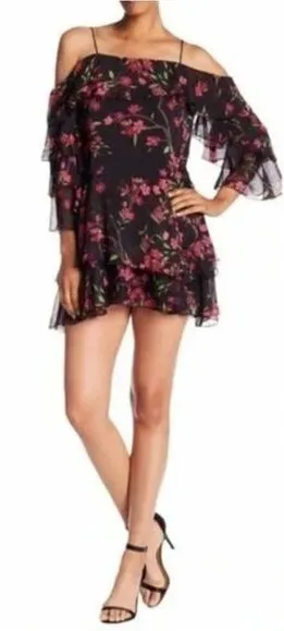 Alice + Olivia Black Floral Silk‎ Chiffon Lexis Sakura Mini Dress Off Shoulder 6 thumbnail 1
